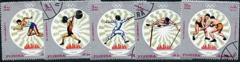 Fujeira 1971 Munich Olympics perf set of 5 cto used (Mi 673-77A) , stamps on sport    olympics    wrestling    pole vault    fencing    weightlifting     running