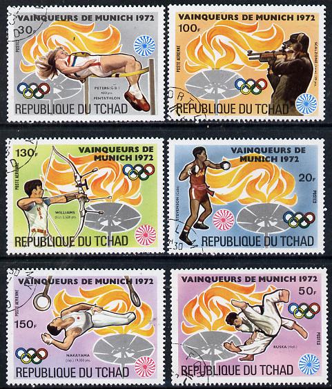 Chad 1972 Munich Olympic Winners (background symbol of Olympic Flame) set of 6 cto used, stamps on olympics    sport   rings    boxing   high jump    rifle    archery    judo    gymnastics, stamps on  gym , stamps on gymnastics, stamps on , stamps on martial arts