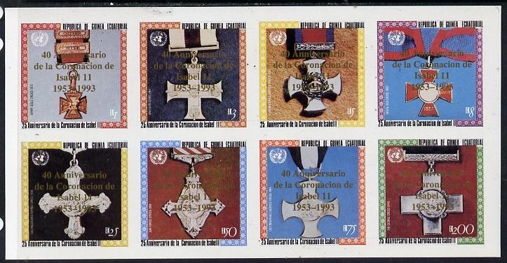 Equatorial Guinea 1993 Coronation 25th Anniversary (Medals) imperf set of 8 optd for 40th Anniversary of Coronation in gold unmounted mint, stamps on militaria    royalty     coronation         medals    red cross    victoria-cross