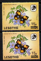 Lesotho 1986-88 Butterflies Yellow Pansy 15s on 5s two singles showing different shades in background colour, SG 727  unmounted mint*, stamps on butterflies