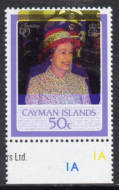 Cayman Islands 1986 Queens 60th Birthday 50c with spectacular 3mm upward shift of yellow unmounted mint, stamps on royalty    60th birthday