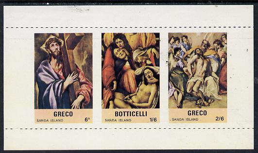 Sanda Island 1968 Easter, Religious Paintings m/sheet containing set of 3 with vertical roulettes omitted, unmounted mint, stamps on arts     easter
