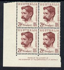 Australia 1949 Henry Lawson (poet) Commemoration imprint corner block of 4 unmounted mint, SG231, stamps on , stamps on  stamps on australia 1949 henry lawson (poet) commemoration imprint corner block of 4 unmounted mint, stamps on  stamps on  sg231