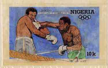 Nigeria 1984 Los Angeles Olympic Games - original hand-painted artwork for 10k value (Boxers) by Francis Nwaije Isibor, on card 8.5 x 5 without endorsements, stamps on boxing, stamps on sport, stamps on olympics
