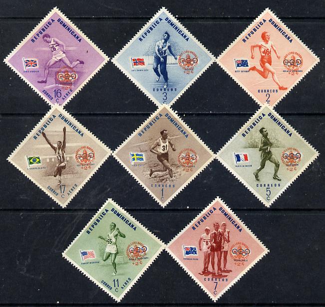 Dominican Republic 1957 50th Anniversary of Scout Movement opt on Olympic Games set of 8 (Diamond shaped) unmounted mint, SG 699-706, stamps on scouts, stamps on olympics, stamps on diamond