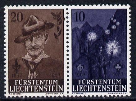Liechtenstein 1957 50th Anniversary of Scout Movement se-tenant pair unmounted mint, SG 358a, stamps on scouts