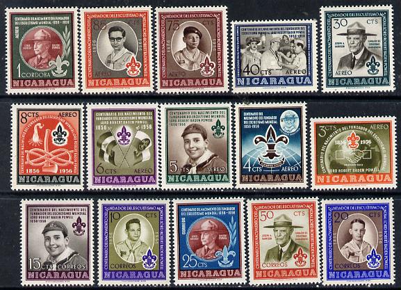 Nicaragua 1957 Birth Centenary of Lord Baden Powell set of 15 unmounted mint, SG 1263-77, stamps on scouts, stamps on knots, stamps on personalities