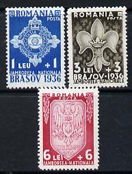 Rumania 1936 National Scout Jamboree set of 3 unmounted mint, SG 1337-39, Mi 516-18, stamps on scouts