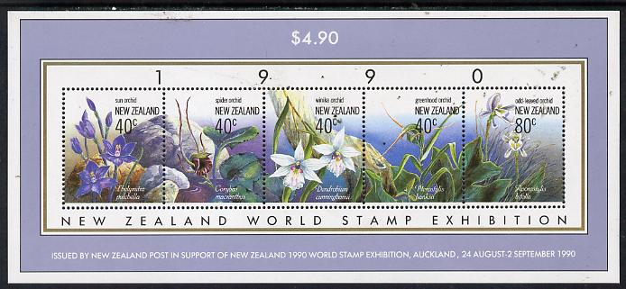 New Zealand 1990 'New Zealand 1990' Stamp Exhibition m/sheet (Native Orchids) unmounted mint, SG MS 1547, stamps on flowers, stamps on orchids