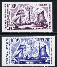 French Southern & Antarctic Territories 1974 Charcots Antarctic Voyages 100f (Le Francais) two different Imperf colour trial proofs unmounted mint as SG 93, stamps on ships, stamps on polar