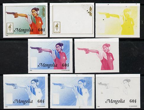 Mongolia 1996 Atlanta Olympics 60t (Pistol Shooting) set of 7 imperf progressive proofs comprising the 5 individual colours plus 2 and 3-colour composites unmounted mint, stamps on olympics, stamps on sport, stamps on shooting, stamps on firearms