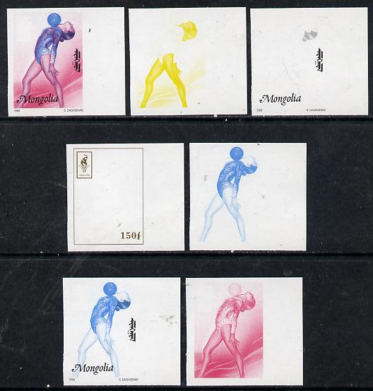 Mongolia 1996 Atlanta Olympics 50t (Gymnastics) set of 7 imperf progressive proofs comprising the 5 individual colours plus 2 and 3-colour composites unmounted mint, stamps on olympics, stamps on sport, stamps on gymnastics, stamps on  gym , stamps on gymnastics, stamps on 