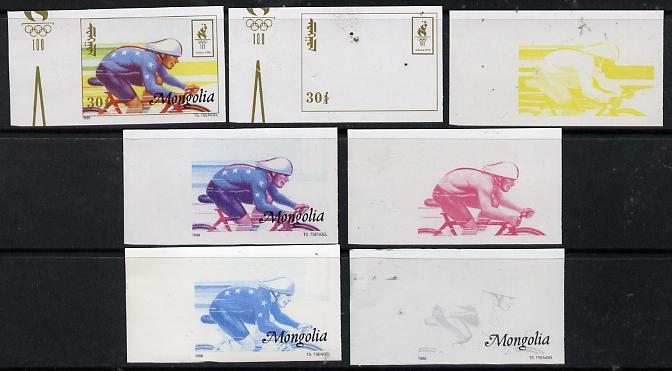 Mongolia 1996 Atlanta Olympics 30t (Cycling) set of 7 imperf progressive proofs comprising the 5 individual colours plus 2 and 3-colour composites unmounted mint, stamps on olympics, stamps on sport, stamps on bicycles