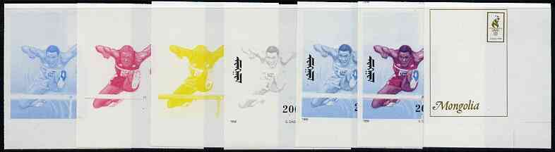 Mongolia 1996 Atlanta Olympics 200t (Hurdling) set of 7 imperf progressive proofs comprising the 5 individual colours plus 2 and 3-colour composites unmounted mint, stamps on olympics, stamps on sport, stamps on hurdling