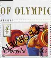 Mongolia 1996 Atlanta Olympics 80t (weighlifting) perf single opt'd SPECIMEN from limited printing unmounted mint, stamps on olympics, stamps on sport, stamps on weightlifting