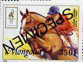 Mongolia 1996 Atlanta Olympics 350t (Show-jumping) perf single optd SPECIMEN from limited printing unmounted mint, stamps on olympics, stamps on sport, stamps on horses, stamps on show-jumping