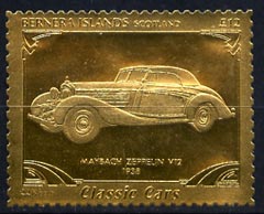 Bernera 1985 Classic Cars - 1938 Maybach Zeppelin V12 \A312 value perforated & embossed in 22 carat gold foil unmounted mint, stamps on cars    maybach