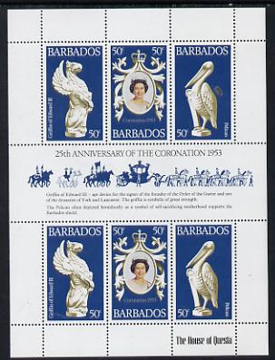 Barbados 1978 Coronation 25th Anniversary sheetlet (QEII & Pelican) SG 597a unmounted mint, stamps on birds, stamps on royalty, stamps on coronation, stamps on arms, stamps on heraldry, stamps on griffin