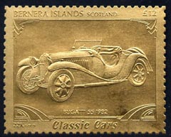 Bernera 1985 Classic Cars - 1932 Bugatti \A312 value perforated & embossed in 22 carat gold foil unmounted mint, stamps on cars    bugatti