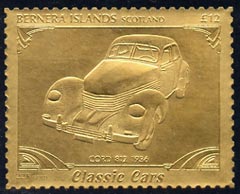 Bernera 1985 Classic Cars - 1936 Cord \A312 value perforated & embossed in 22 carat gold foil unmounted mint, stamps on cars    cord