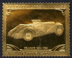 Bernera 1985 Classic Cars - 1938 Delahaye \A312 value perforated & embossed in 22 carat gold foil unmounted mint, stamps on cars    delahaye