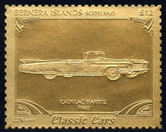 Bernera 1985 Classic Cars - 1960 Cadillac Biarritz \A312 value perforated & embossed in 22 carat gold foil unmounted mint, stamps on cars    cadillac