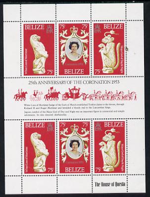 Belize 1978 Coronation 25th Anniversary sheetlet (QEII, Maya God & Lion) SG 464a unmounted mint, stamps on artefacts, stamps on religion, stamps on royalty, stamps on cats, stamps on coronation, stamps on arms, stamps on heraldry