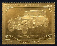 Bernera 1985 Classic Cars - 1925 Rolls Royce Phantom \A312 value perforated & embossed in 22 carat gold foil unmounted mint, stamps on cars    rolls royce
