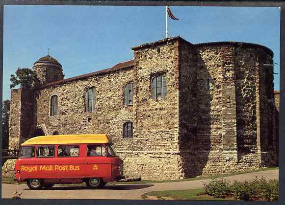 Postcard of Colchester Postbus (PO picture card CKPO 1) used with illustrated last day Stour Valley Postbus cancel, stamps on buses, stamps on postal