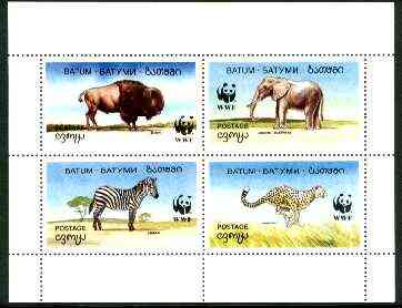 Batum 1994 WWF Wild Animals perf sheetlet containing undenominated set of 4 (believed to be proofs submitted for approval prior to determining the face values) unmounted ..., stamps on animals, stamps on wwf, stamps on bison, stamps on elephant, stamps on zebra, stamps on cheetah, stamps on cats, stamps on bovine, stamps on  wwf , stamps on 