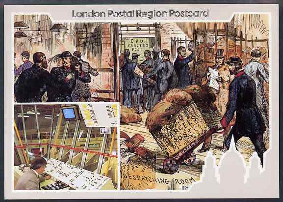 Postcard of Postal Centenary (London Postal region card LPR 4) used with illustrated Parcel Centenary cancel, stamps on computers, stamps on postal