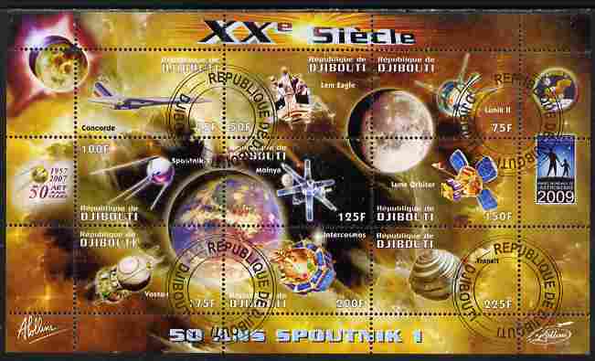 Djibouti 2009 50th Anniversary of Sputnik #03 perf sheetlet containing 9 values fine cto used, stamps on space, stamps on sputnik, stamps on satellites, stamps on aviation, stamps on concorde, stamps on planets, stamps on 