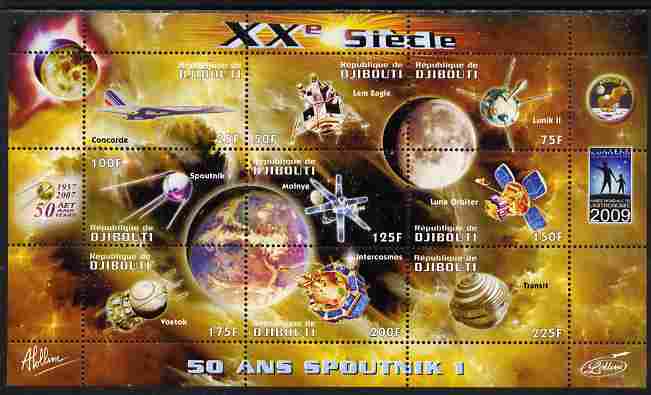 Djibouti 2009 50th Anniversary of Sputnik #03 perf sheetlet containing 9 values unmounted mint, stamps on space, stamps on sputnik, stamps on satellites, stamps on aviation, stamps on concorde, stamps on planets, stamps on 