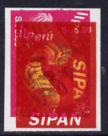 Peru 1994 Jewels from Sipan (2nd Series) 5s value  (gold mask) imperf proof comprising red, blue and yellow colours upright plus red from 3s value sideways unmounted mint..., stamps on jewellry     minerals    masks