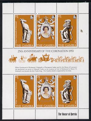Gambia 1978 Coronation 25th Anniversary sheetlet (QEII, Lion & Greyhound) unmounted mint, SG 397a, stamps on cats, stamps on dogs, stamps on royalty, stamps on greyhound, stamps on coronation, stamps on arms, stamps on heraldry