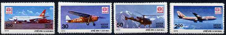 India 1979 'India 80' International Stamp Exhibition (Mail-Carrying Aircraft) set of 4 unmounted mint, SG 942-45*, stamps on aviation, stamps on stamp exhibitions, stamps on boeing, stamps on 737, stamps on 747