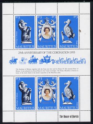 Mauritius 1978 Coronation 25th Anniversary sheetlet (QEII, Antelope & Dodo) SG 549a unmounted mint, stamps on dodo, stamps on antelope, stamps on royalty, stamps on birds, stamps on coronation, stamps on arms, stamps on heraldry