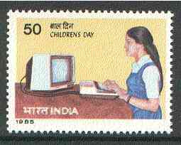 India 1985 Children's Day (Girl using Computer) unmounted mint SG 1168*, stamps on computer     children     education    communication    games