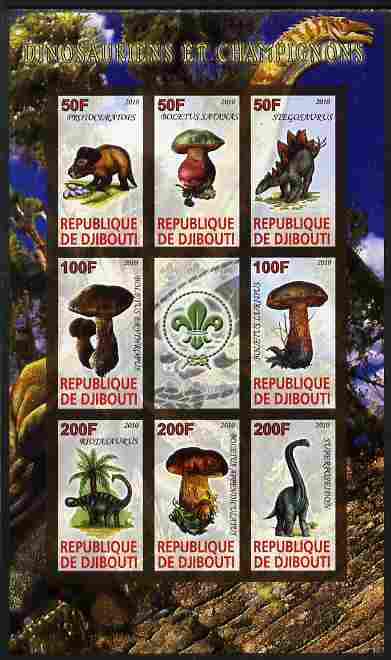 Djibouti 2010 Dinosaurs & Mushrooms #2 imperf sheetlet containing 8 values plus label with Scout logo unmounted mint, stamps on dinosaurs, stamps on fungi, stamps on scouts