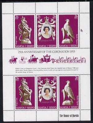 Samoa 1978 Coronation 25th Anniversary sheetlet (QEII, Pigeon & Lion) SG 508a unmounted mint, stamps on pigeon, stamps on cats, stamps on royalty, stamps on birds, stamps on coronation, stamps on arms, stamps on heraldry