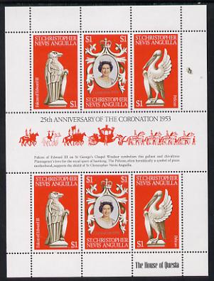 St Kitts-Nevis 1978 Coronation 25th Anniversary sheetlet (QEII, Falcon & Pelican) SG 389a unmounted mint, stamps on royalty, stamps on birds of prey, stamps on birds, stamps on coronation, stamps on arms, stamps on heraldry, stamps on falcons