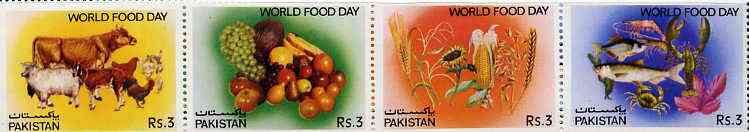 Pakistan 1983 World Food Day strip of 4 unmounted mint, SG 608a, stamps on food, stamps on cattle, stamps on bovine, stamps on ovine, stamps on fruit, stamps on fish, stamps on wheat, stamps on corn, stamps on bananas