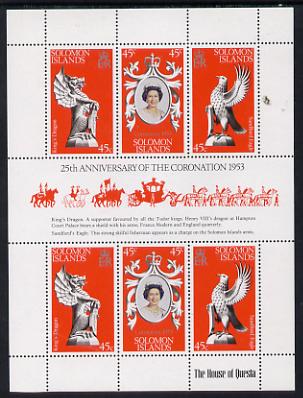 Solomon Islands 1978 Coronation 25th Anniversary sheetlet (QEII, Dragon & Sea Eagle) unmounted mint, SG 357a, stamps on dragon, stamps on birds of prey, stamps on royalty, stamps on coronation, stamps on arms, stamps on heraldry, stamps on eagles