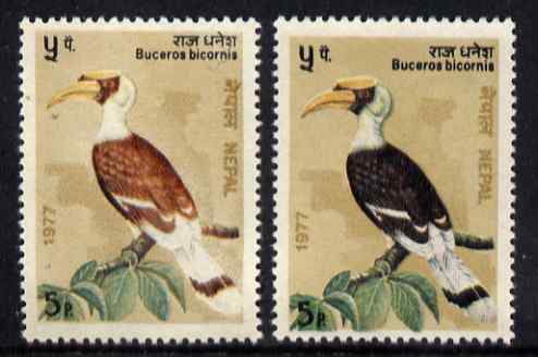 Nepal 1977 Birds 5p (Hornbill) with dark brown colour omitted (bird has pale chestnut feathers instead of nearly black) complete with normal, both unmounted mint, SG 349var*, stamps on birds    
