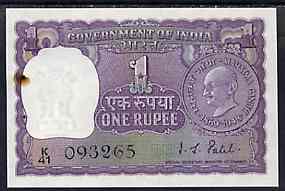 Bank note - India 1969 Birth Centenary of Gandhi, 1 rupee note (staple hole at left) (Complete stapled bundle of 100 notes available - price pro rata), stamps on gandhi      finance    coins