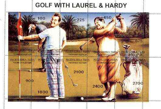 Touva 1995 Golf with Laurel & Hardy composite sheet containing complete set of 10 with misplaced perforations unmounted mint, stamps on entertainments, stamps on golf, stamps on sport, stamps on clocks