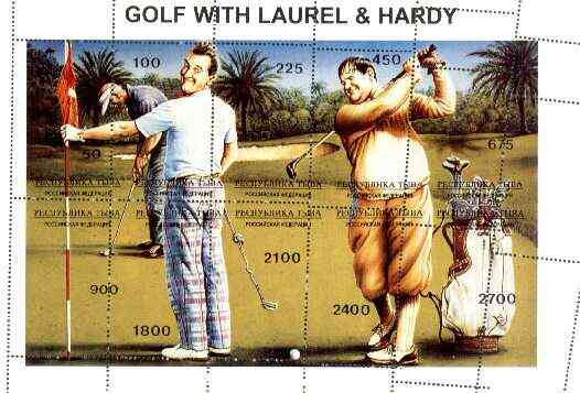 Touva 1995 Golf with Laurel & Hardy composite sheet containing complete set of 10 with perforations dramatically misplaced, a superb variety unmounted mint, stamps on , stamps on  stamps on entertainments, stamps on golf, stamps on sport, stamps on clocks