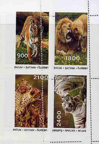 Batum 1995 Big Cats sheet containing complete set of 4, imperf at left with two perf strikes at right, a spectacular variety unmounted mint, stamps on animals, stamps on cats, stamps on tigers, stamps on lions, stamps on 