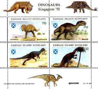 Easdale 1995 Singapore 95 Stamp Exhibition (Dinosaurs #1 - Jurassic Period) perf sheetlet containing set of 4 with perforations doubled unmounted mint, stamps on stamp exhibitions, stamps on dinosaurs