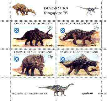 Easdale 1995 'Singapore 95' Stamp Exhibition (Dinosaurs #2 - Cretaceous Period) perf sheetlet containing set of 4 with perforations doubled unmounted mint, stamps on , stamps on  stamps on stamp exhibitions, stamps on  stamps on dinosaurs
